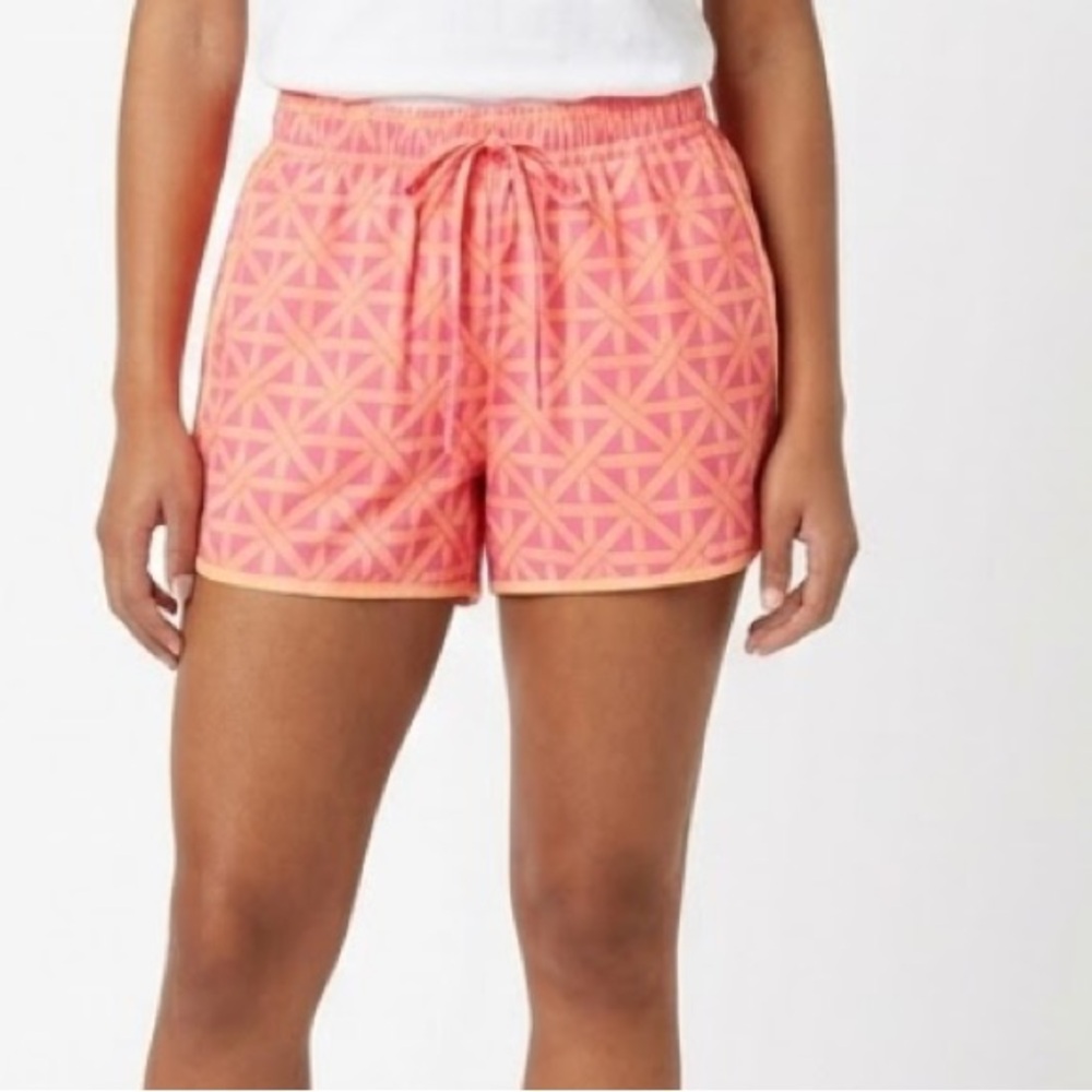 Coral Pink Geometric Drawstring Athletic Shorts - Women
